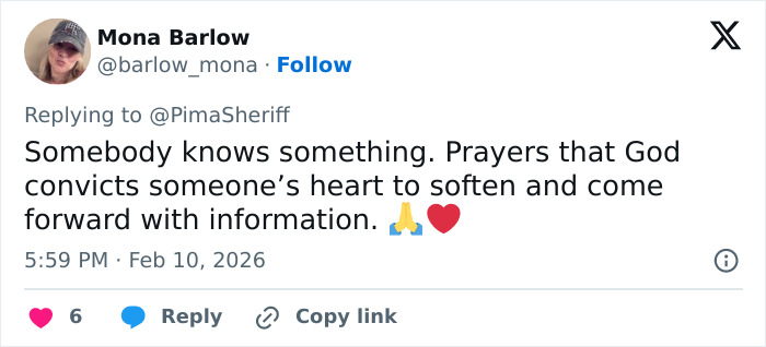 Twitter post from Mona Barlow expressing prayers for information on Nancy Guthrie suspect released by FBI.