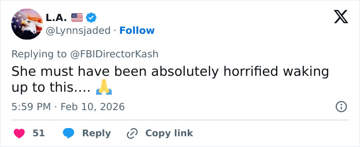 Tweet on a social media platform expressing horror about terrifying images of Nancy Guthrie suspect released by FBI.