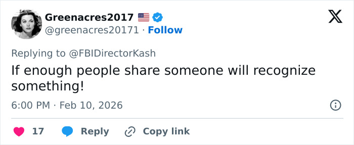 Tweet from user Greenacres2017 urging people to share information about Nancy Guthrie suspect released by FBI.