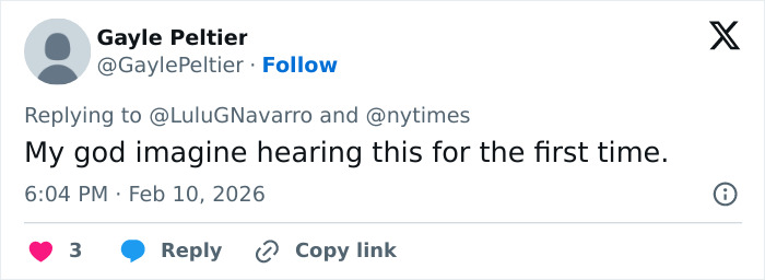 Tweet by Gayle Peltier reacting to story about Gisèle Pelicot learning husband was exploiting her with multiple men.