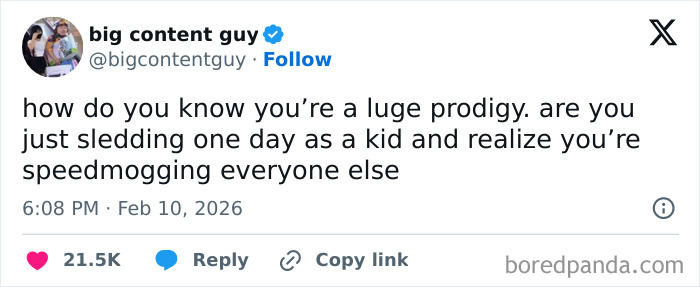 A humorous X post about realizing you’re a luge prodigy by speedmogging others while sledding as a kid.