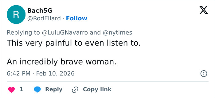 Tweet from user Bach5G expressing sympathy and calling Gisèle Pelicot an incredibly brave woman.