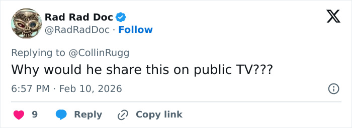 Tweet by user Rad Rad Doc questioning why an Olympic medalist made a cheating confession on public TV after medal victory.