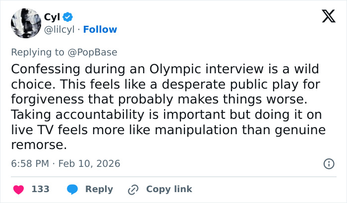 Tweet discussing an Olympic medalist's shocking confession about cheating on his girlfriend during a live interview.