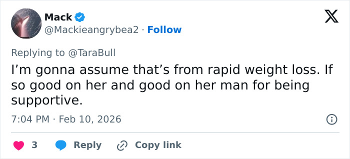 Tweet discussing rapid weight loss showing a reaction related to a low-cut dress advertisement controversy.