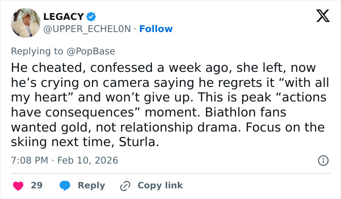 Tweet about Olympian's cheating confession, girlfriend's pain, and public reaction from biathlon fans on relationship drama.