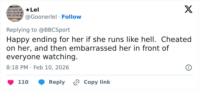 Tweet criticizing Olympian who confessed to cheating live on TV, highlighting girlfriend's public pain and embarrassment.