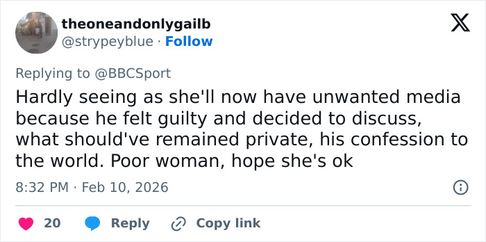 Twitter reply expressing concern for the girlfriend of an Olympian who confessed to cheating live on TV.