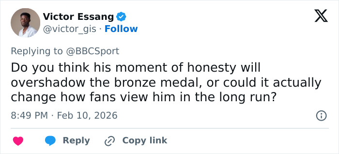 Screenshot of tweet discussing Olympian’s honesty and its impact on fans after cheating confession live on TV.