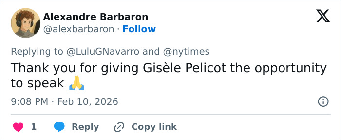 Tweet by Alexandre Barbaron thanking Gisèle Pelicot for the opportunity to speak about her exploitation experience.