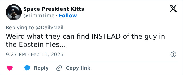 Tweet by user Space President Kitts commenting on Epstein files, with text about alternate findings instead of main suspect.