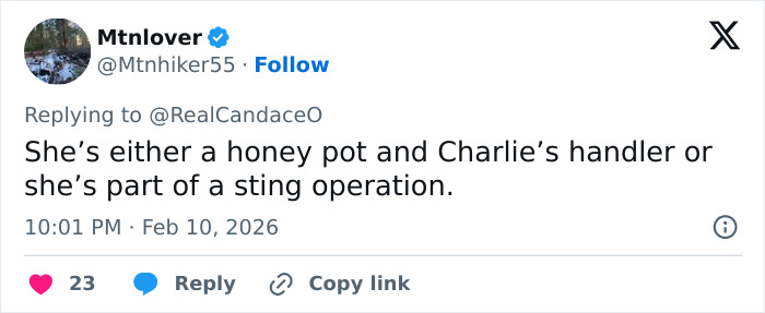 Tweet discussing Candace Owens calling for police to question Erika Kirk, mentioning sting operation and honey pot theories.