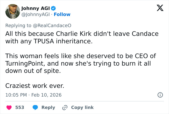 Tweet discussing Candace Owens and Erika Kirk, referencing police questioning in a political controversy online.