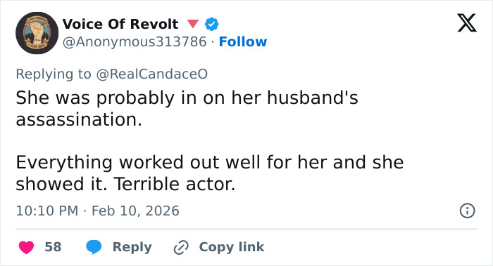 Screenshot of a social media reply discussing Candace Owens calling for police to question Erika Kirk.