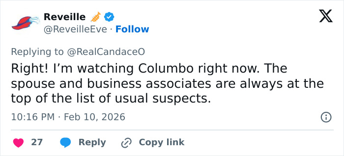 Screenshot of a Twitter reply about Candace Owens calling for police to question Erika Kirk over usual suspects.