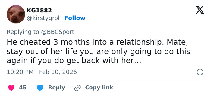 Screenshot of a Twitter reply discussing the Olympian who confessed to cheating live on TV and relationship issues.