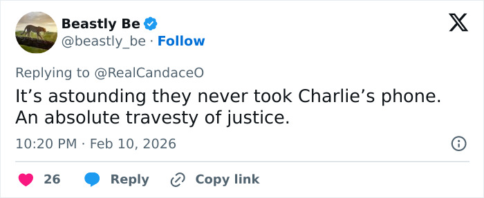 Screenshot of a tweet replying to Candace Owens about the failure to take Charlie’s phone and justice concerns.