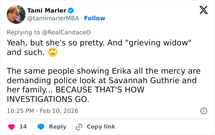 Screenshot of a tweet mentioning Candace Owens calling for police to question Erika Kirk in a social media reply.