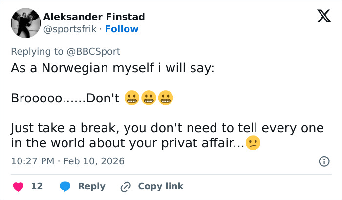 Tweet expressing opinion on Olympian cheating scandal, advising to take a break from sharing private affairs publicly.