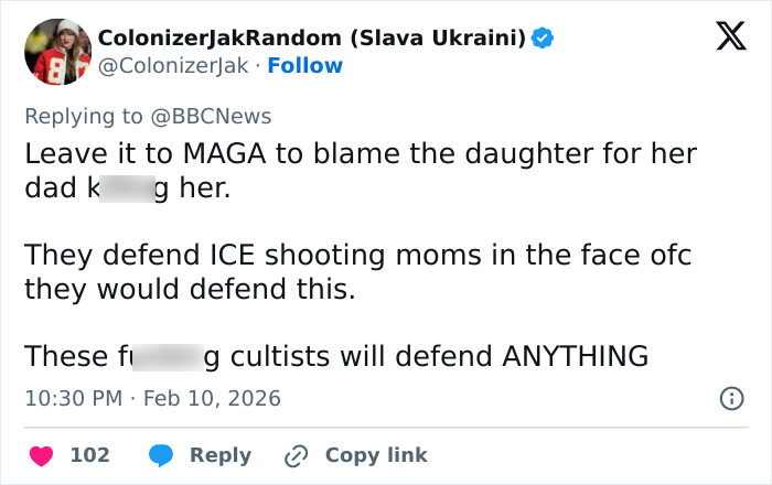 Twitter user reacting strongly to a dad ending his daughter's life after Trump argument and legal expert's explanation.