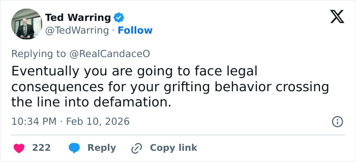 Screenshot of a tweet referencing Candace Owens and legal consequences related to defamation claims involving Erika Kirk.