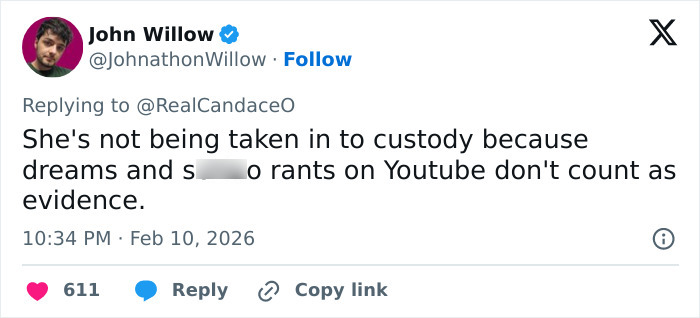 Tweet by John Willow responding to Candace Owens about police questioning Erika Kirk and related social media claims.