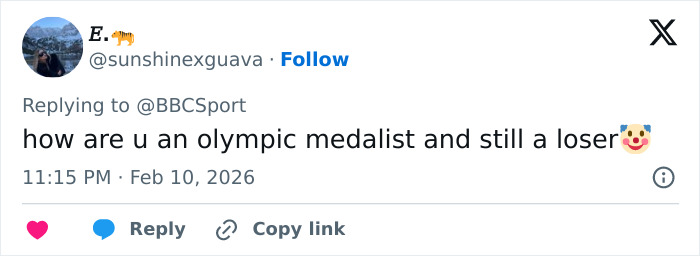 Tweet criticizing an Olympian medalist after confession of cheating, shared in a public social media reply.