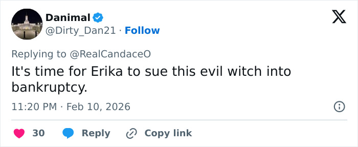 Tweet from Danimal replying to Candace Owens, mentioning Erika Kirk and calling for legal action against her.