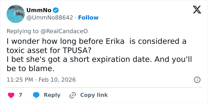 Tweet discussing Erika Kirk as a toxic asset and mentioning Candace Owens in context of police questioning.