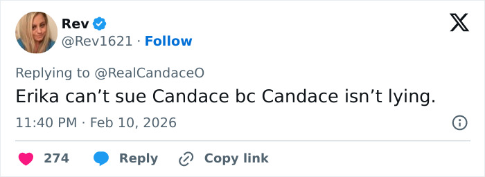 Screenshot of a tweet referencing Candace Owens and Erika Kirk during a social media discussion about legal claims.