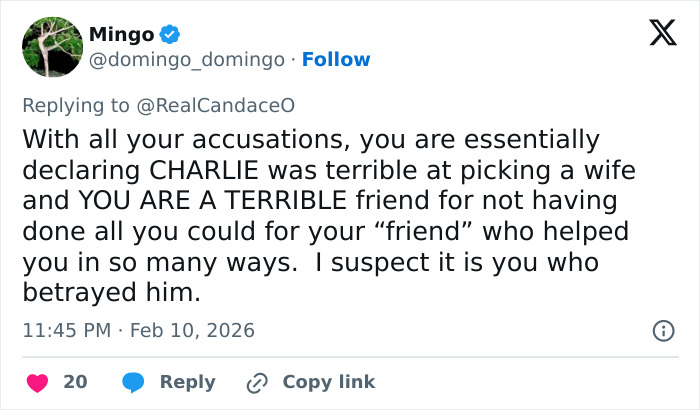 Tweet from Mingo replying to Candace Owens about allegations involving Erika Kirk and questioning loyalty and betrayal.