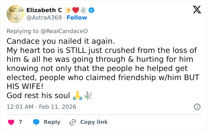 Tweet reply to Candace Owens expressing grief and support, highlighting why Candace Owens calls for police to question Erika Kirk.