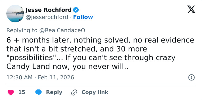 Tweet by Jesse Rochford discussing unresolved issues and skepticism around Candace Owens calling for police to question Erika Kirk.