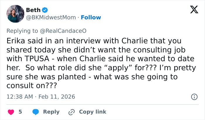 Screenshot of a Twitter reply discussing Candace Owens mentioning Erika Kirk and consulting job details.