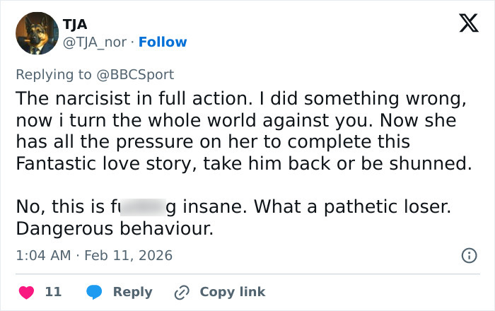 Tweet criticizing an Olympian's cheating confession with mention of public pressure on his girlfriend to reconcile.