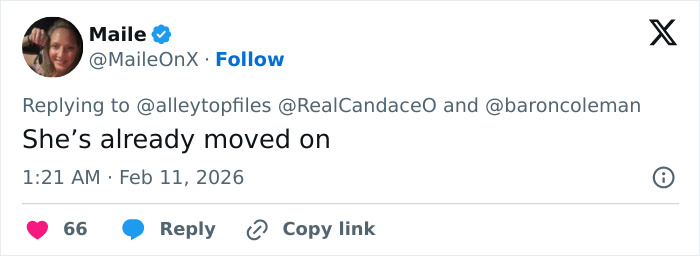 Tweet from user Maile stating she&rsquo;s already moved on, related to suspicious way Erika Kirk changed husband Charlie's office controversy.