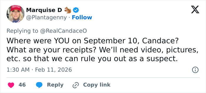 Tweet from Marquise D questioning Candace Owens, referencing the call for police to question Erika Kirk and requesting evidence.