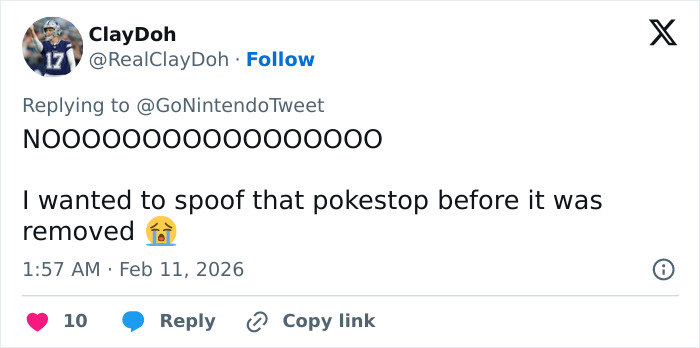 Tweet expressing frustration over the removal of a pokestop related to mobile game players catching Pok&eacute;mon on Epstein Island.