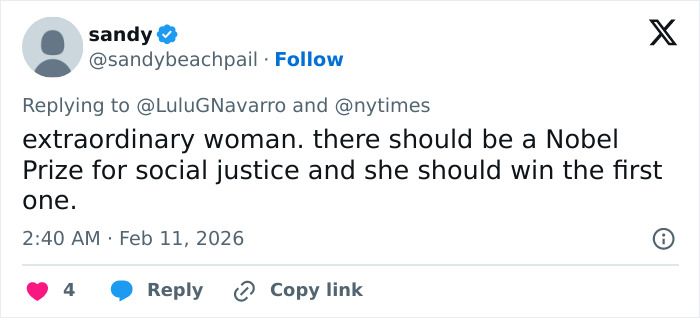 Tweet praising an extraordinary woman advocating social justice, suggesting she deserves a Nobel Prize for her efforts.