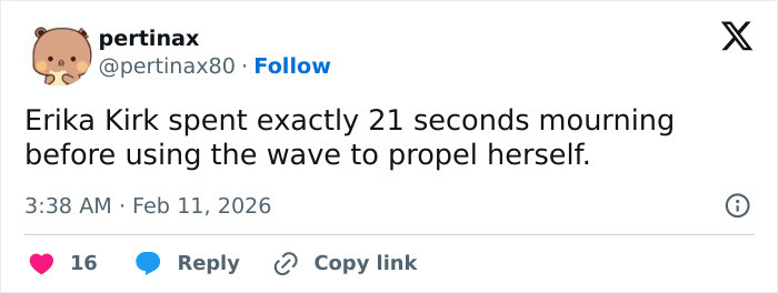 Tweet about Erika Kirk's brief mourning and moving on, highlighting fans' scrutiny of her relationship with Charlie.