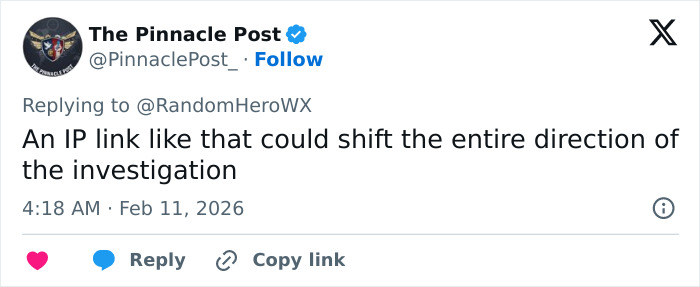 Tweet from The Pinnacle Post discussing an IP link that could shift investigation direction in a Bitcoin exchange case.