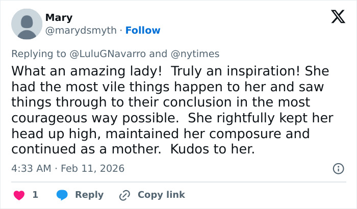 Screenshot of a supportive tweet praising Gisèle Pelicot for her strength after learning about exploitation by her husband and others.