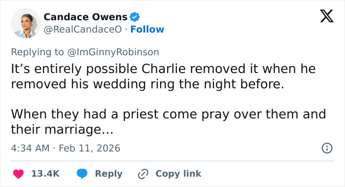 Tweet discussing Charlie removing his wedding ring, relating to Erika Kirk's relationship and changes in his office environment.