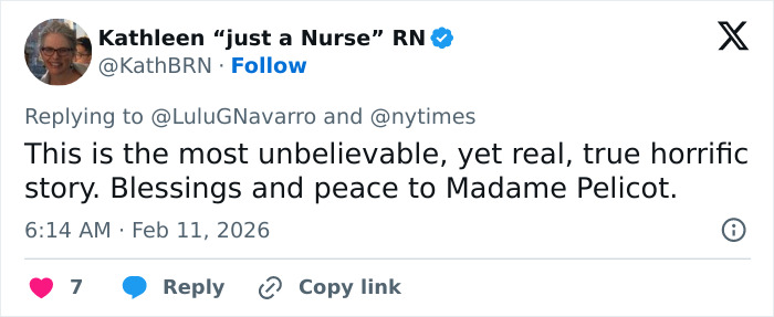 Screenshot of a tweet sharing condolences for Gisèle Pelicot regarding exploitation by her husband alongside 50 men.