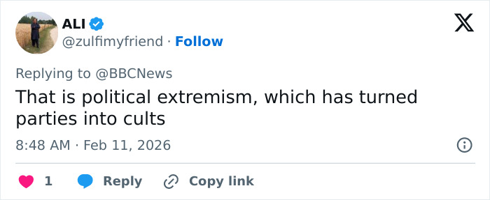 Screenshot of a social media reply discussing political extremism linked to parties turning into cults.