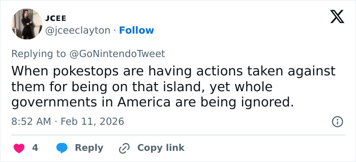 Twitter reply discussing mobile game players catching Pok&eacute;mon on Epstein Island and related government inaction.