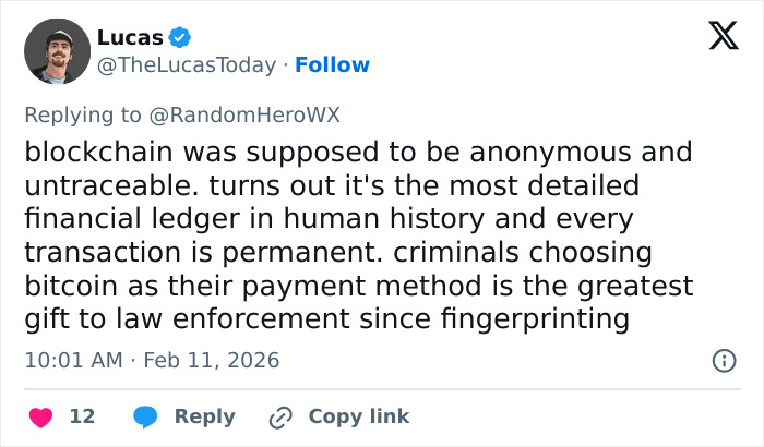 Tweet by crypto expert Lucas explaining how Bitcoin's permanent ledger helped police track Nancy Guthrie's kidnapper using blockchain data.