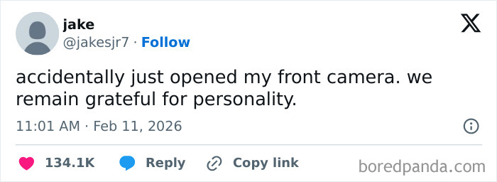 Screenshot of a humorous X post with a user joking about accidentally opening their front camera, showing chaotic and hilarious content.