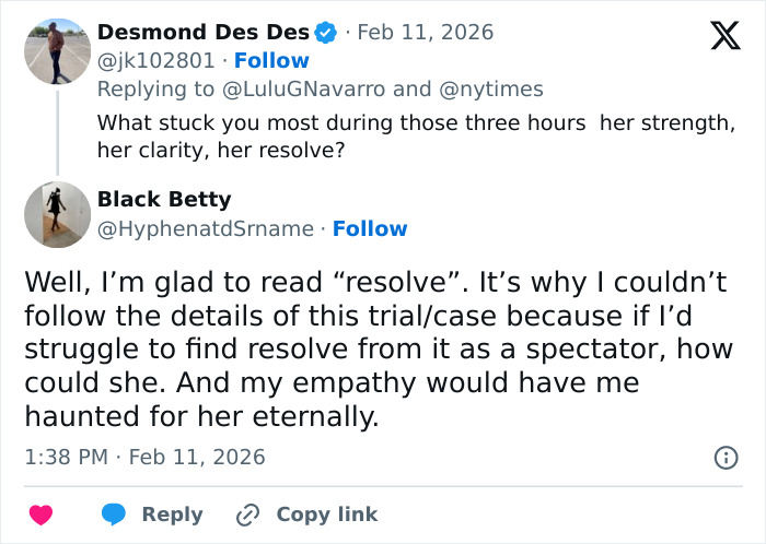 Twitter conversation showing users discussing Gisèle Pelicot’s resolve and strength after learning about exploitation by her husband and others.