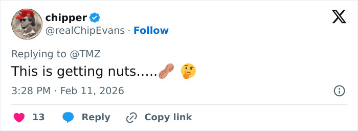 Twitter user chipper reacting with peanut and thinking face emojis to a new Nancy Guthrie ransom note demanding bitcoin.